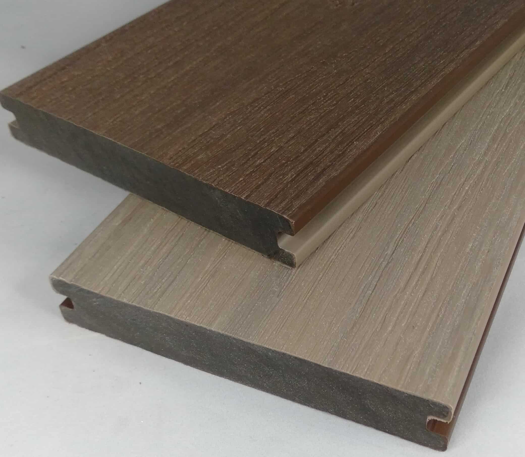 Solid core composite decking boards walnut and Beech colours