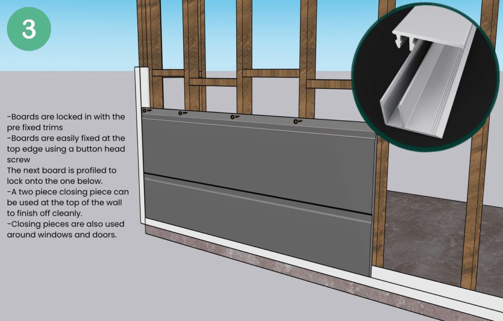 Board base and ends are locked in with the pre fixed trims Boards are easily fixed at the top using a button head screw the next board is profiled to lock onto the one below